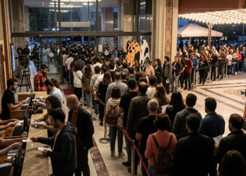 Sinema gişesi önünde bilet almak için bekleyen kalabalık insan kuyruğu.