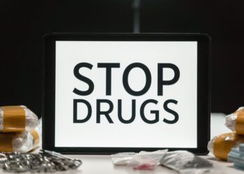 Üzerinde uyuşturucuyla mücadele mesajı yazan tablet bilgisayar ve uyuşturucu maddeler.