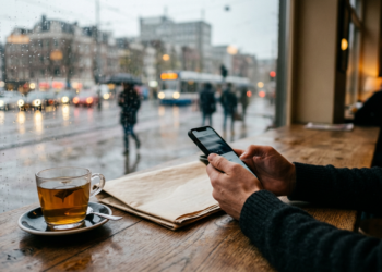 Yağmurlu bir günde kafede oturup akıllı telefonuna bakan bir kişi.