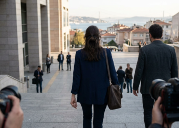 İstanbul'da adliye çıkışında merdivenlerden inen ve kameralarla görüntülenen boşanan çift.