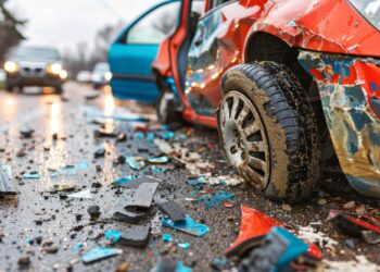 Çamurlu yolda duran, büyük hasar almış kırmızı ve mavi otomobiller.