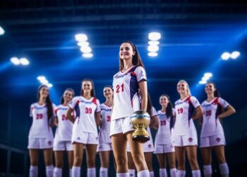 Şampiyonluk kupasını tutan kadın voleybolcu ve arka planda sevinç yaşayan takım arkadaşları.