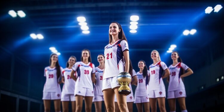 Şampiyonluk kupasını tutan kadın voleybolcu ve arka planda sevinç yaşayan takım arkadaşları.