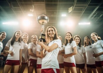 Şampiyonluk kupasını havaya kaldıran voleybol takımı oyuncuları neşeyle gülüyor