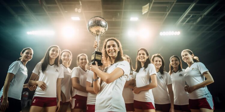 Şampiyonluk kupasını havaya kaldıran voleybol takımı oyuncuları neşeyle gülüyor
