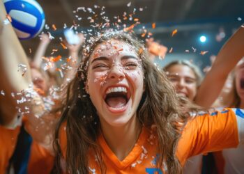 Üzerine renkli konfetiler düşen, büyük bir coşkuyla bağıran voleybolcu kız.