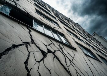 Yüksek bir binanın cephesinde deprem nedeniyle oluşan devasa derin çatlaklar.