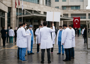 Hastane binası önünde ellerinde boş pankart taşıyan sağlık çalışanları protesto ediyor.