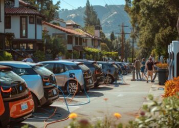 Şarj istasyonunda park halinde bulunan elektrikli otomobiller ve araçlar