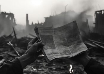 Savaş alanındaki yıkıntıların ortasında elleriyle yabancı dilde bir gazete tutan kişi.