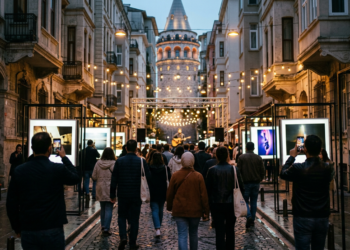 Akşam saatlerinde Galata Kulesi önünde sanat eserlerini inceleyen kalabalık bir grup insan.