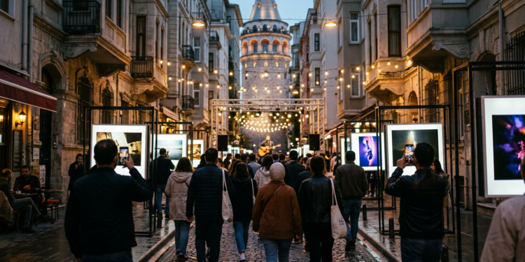 Akşam saatlerinde Galata Kulesi önünde sanat eserlerini inceleyen kalabalık bir grup insan.