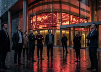Büyük bir finans merkezinin önünde borsa ekranını inceleyen grup insan.