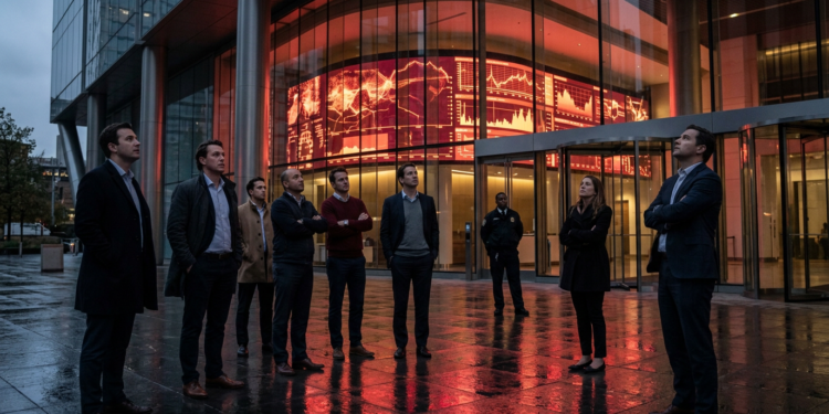 Büyük bir finans merkezinin önünde borsa ekranını inceleyen grup insan.