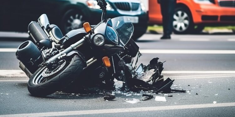 Yol ortasında ağır hasar almış ve parçalanmış siyah bir motosiklet