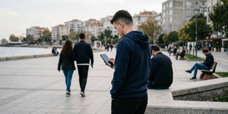 Sahilde yürüyüş yolunda akıllı telefonunu kullanan genç bir erkek.