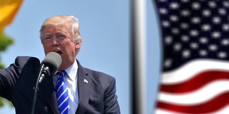 Mikrofona konuşan ve yumruğunu havaya kaldıran Donald Trump