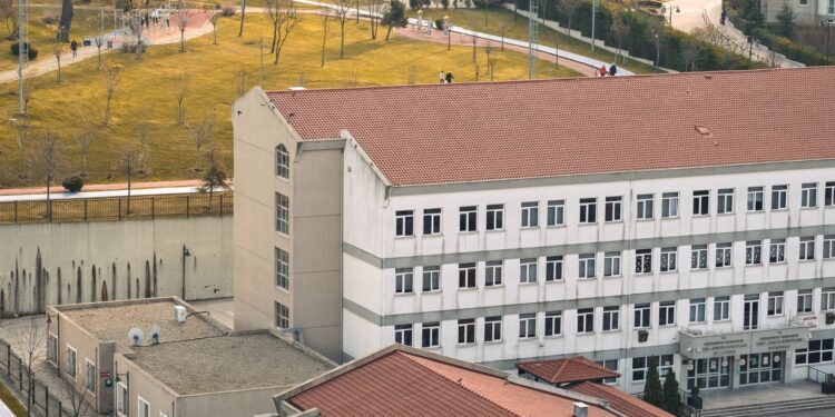 Ağaçlık alanın hemen önünde konumlanmış bir okul binası ve çatılar.