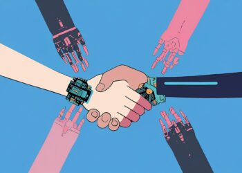 Farklı türde robot ve insan ellerinin merkezde birbirine uzanarak tokalaşması