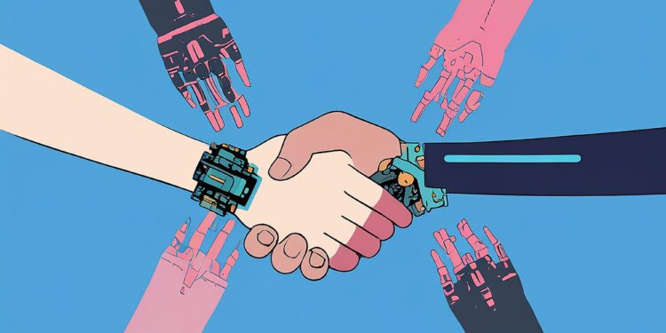 Farklı türde robot ve insan ellerinin merkezde birbirine uzanarak tokalaşması