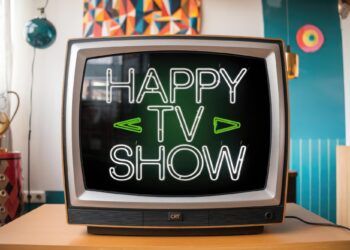 Üzerinde 'HAPPY TV SHOW' yazan neon ışıklı eski tarz tüplü televizyon.