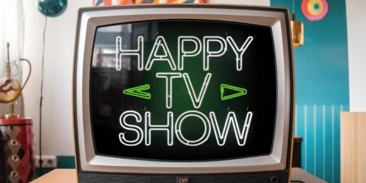 Üzerinde 'HAPPY TV SHOW' yazan neon ışıklı eski tarz tüplü televizyon.